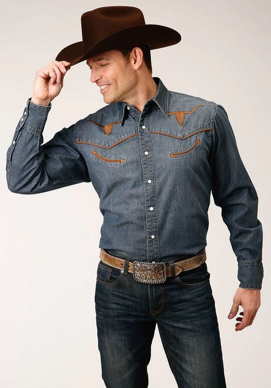 Roper Mens Wash Denim Smile Shirt